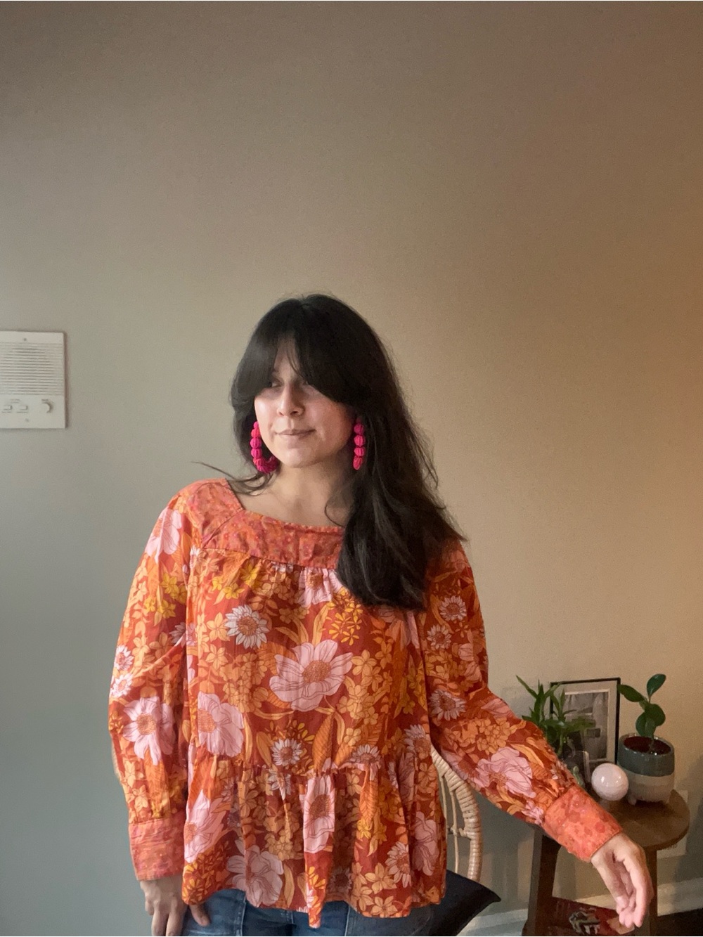 Floral Peasant Blouse in Orange and Pink